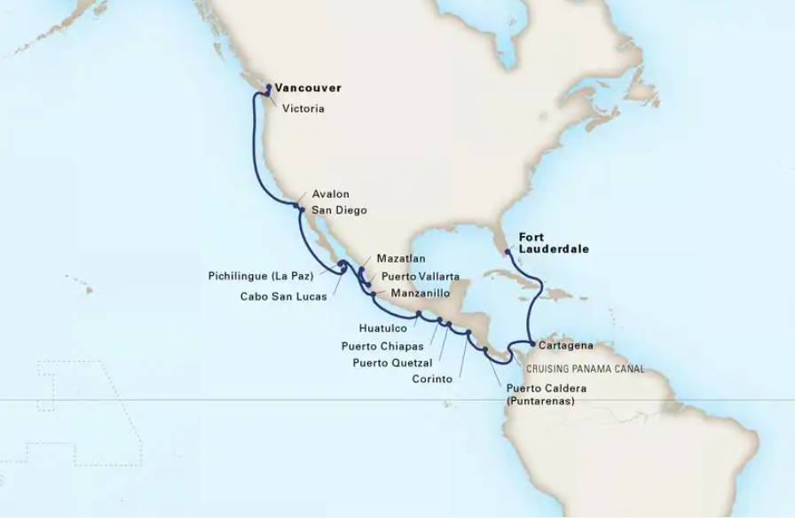 Holland | 24 Days | Fort Lauderdale to Vancouver | Apr 07, 2022 | Nieuw Amsterdam | I232 Fort Lauderdale to Vancouver Map