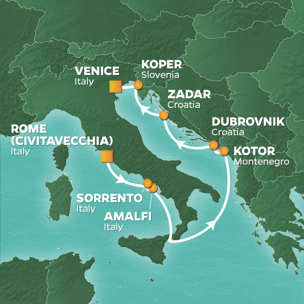 Azamara | 9 Nights | Rome to Venice | Sep 28, 2023 | Azamara Journey | JR09M224 Rome to Venice Map