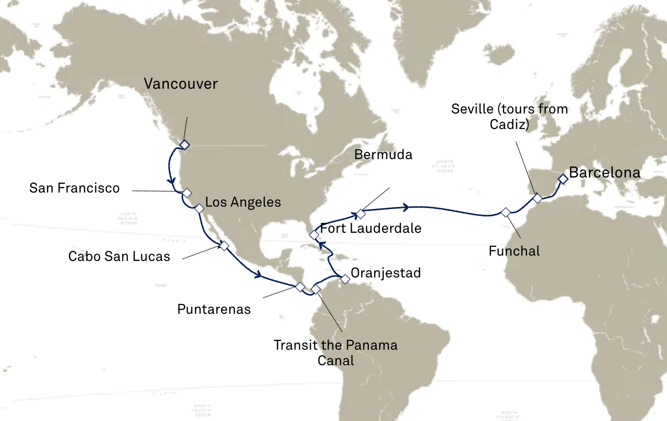 Cunard | 32 Nights | Vancouver to Barcelona | Aug 17, 2023 | Q327C Vancouver to Barcelona Map