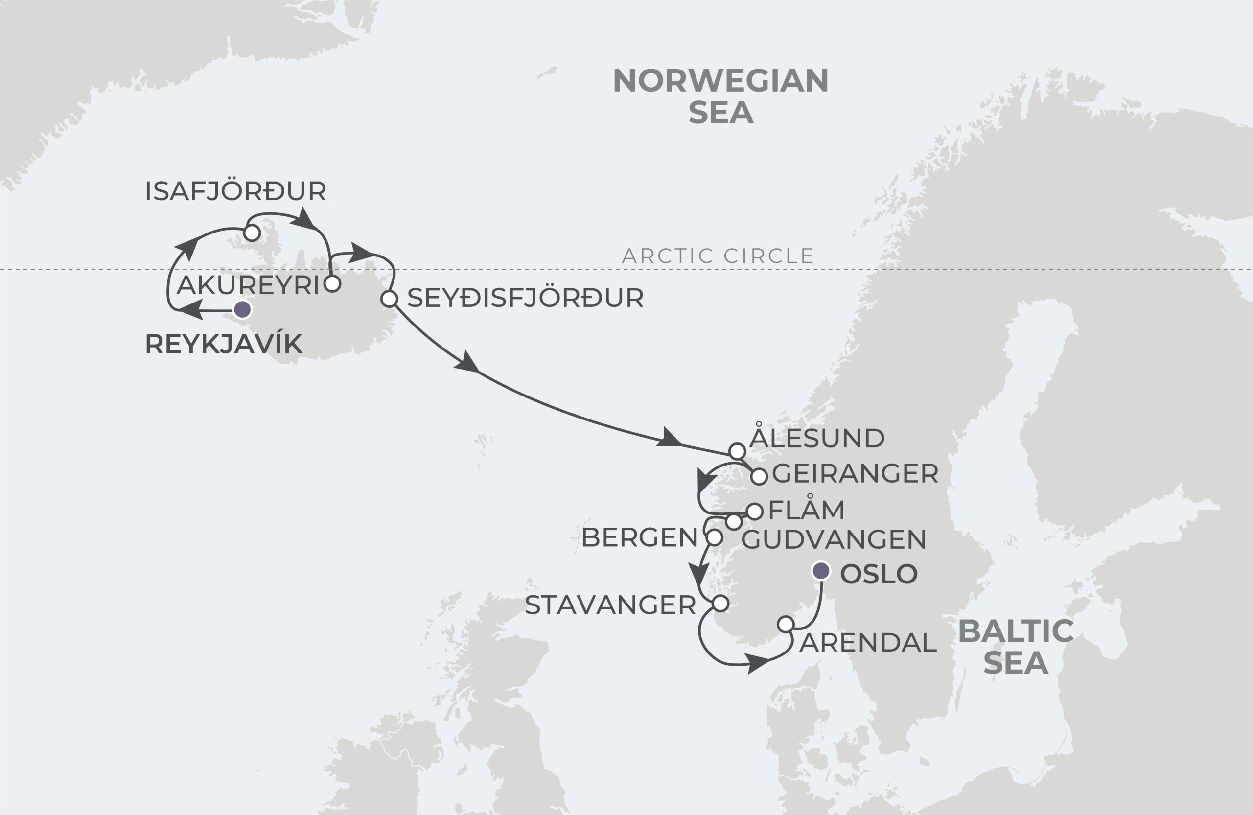 Atlas Ocean Voyages | 11 Nights |  Reykjavik to Oslo | World Navigator | July 12, 2024 Reykjavik to Oslo Map