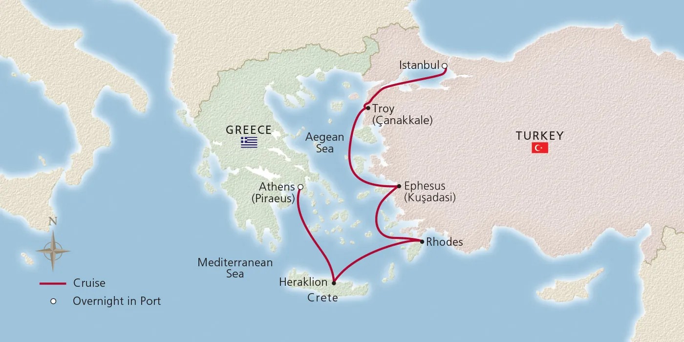 8 Days – Istanbul to Athens – Ancient Mediterranean Treasures Istanbul to Athens (Piraeus) Map