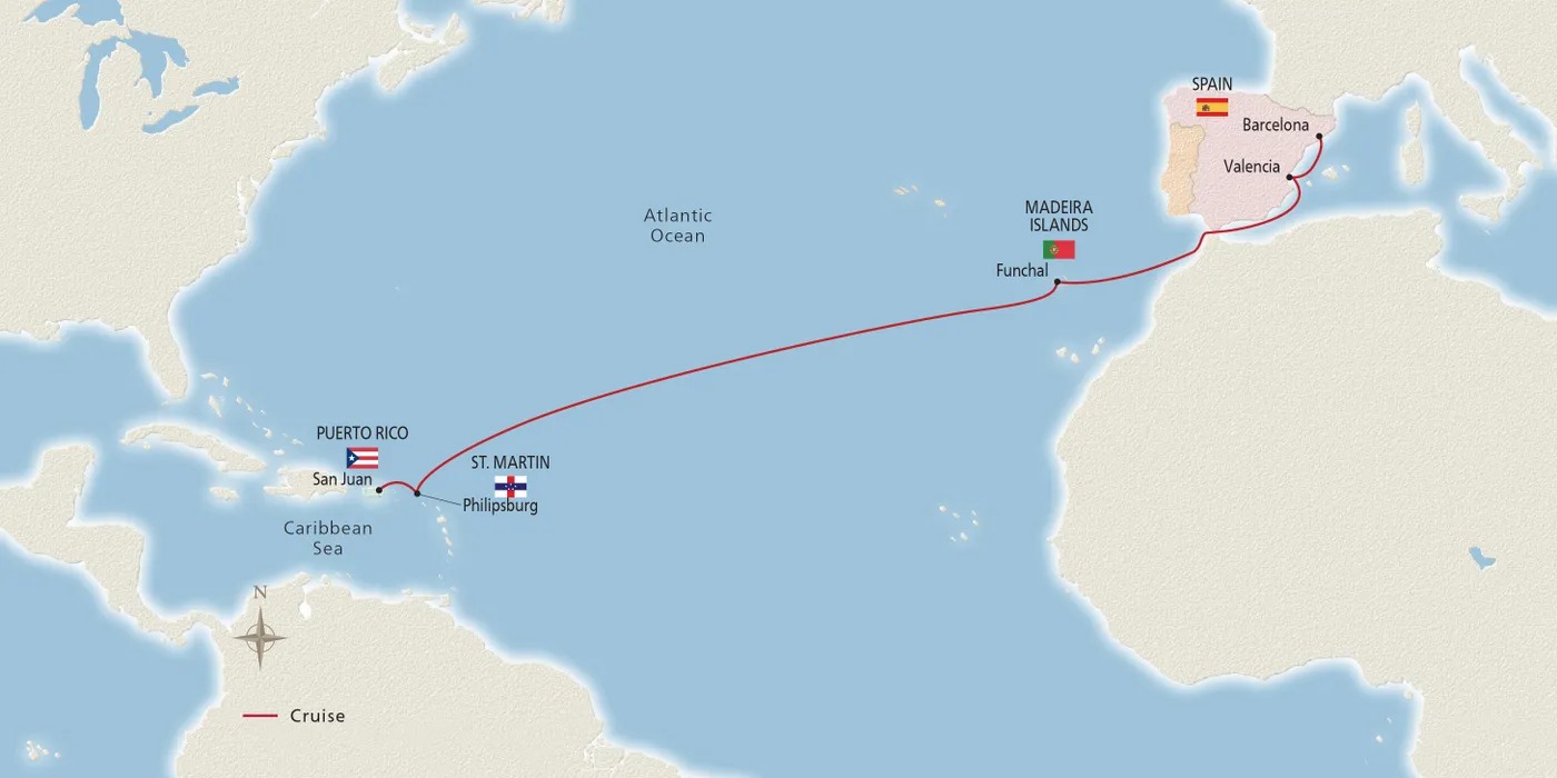 13 Days – San Juan to Barcelona – West Indies & the Iberian Peninsula San Juan to Barcelona Map