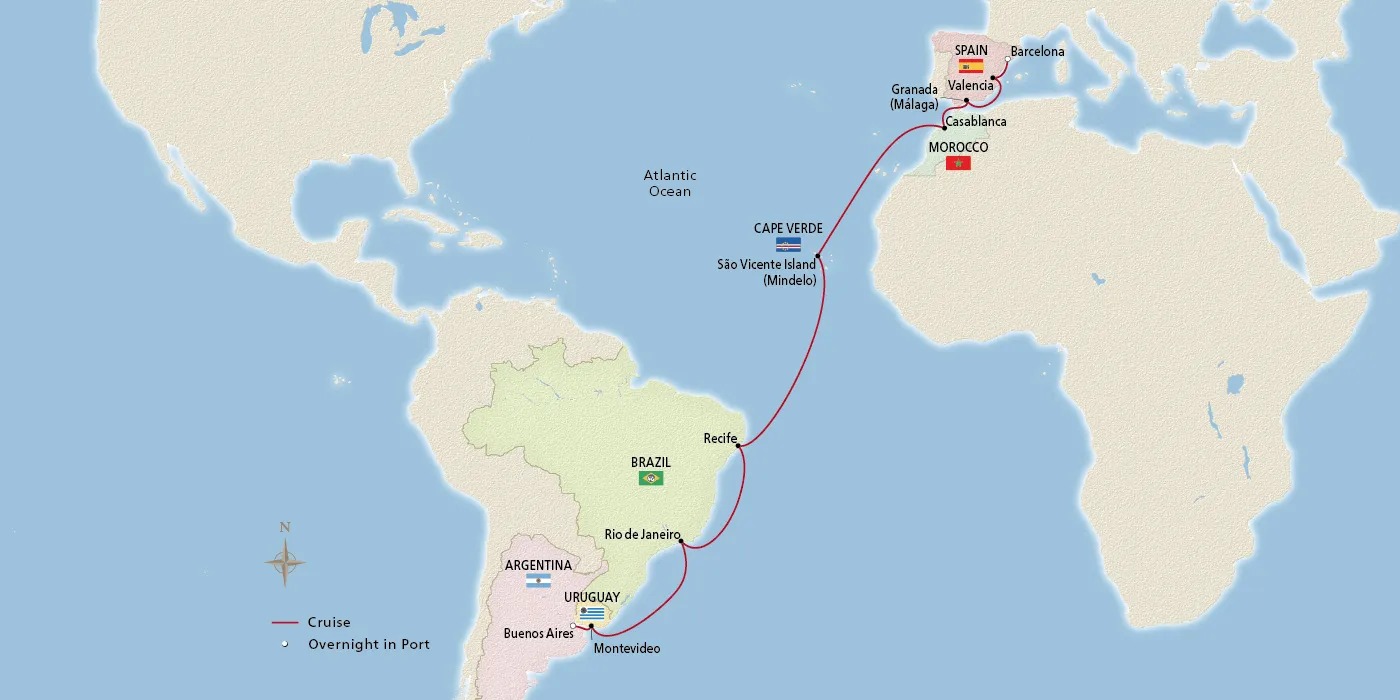 22 Days – Barcelona to Buenos Aires – Southern Atlantic Crossing Barcelona to Buenos Aires Map