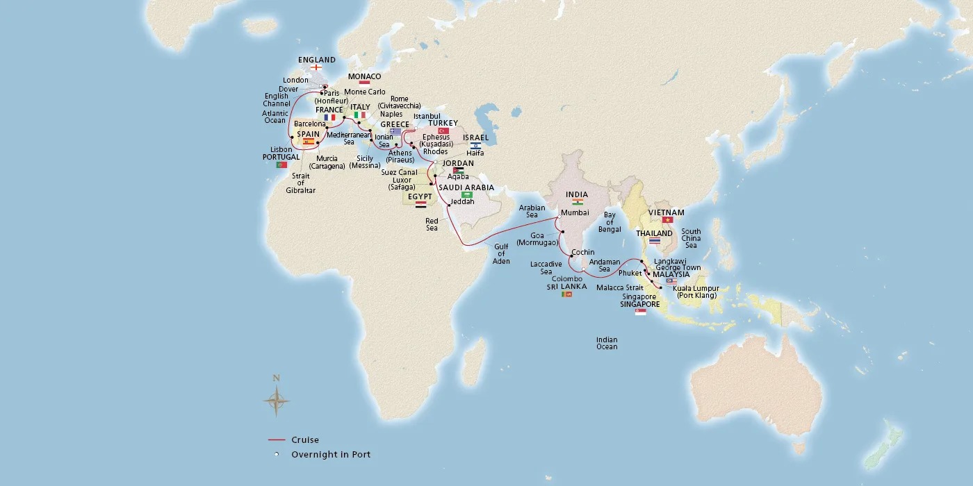 55 Days – Singapore to London – Asia to Europe Grand Passage Singapore to London Map