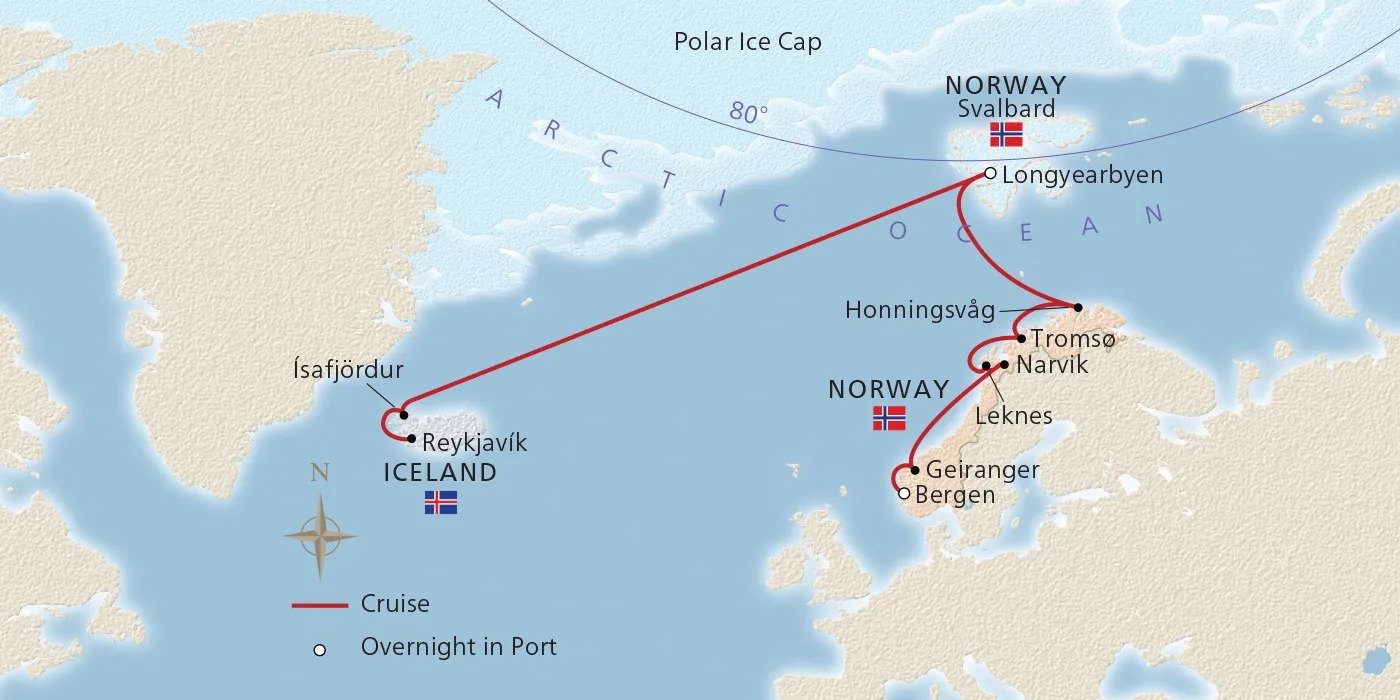 15 Days – Bergen to Reykjavik – Iceland & Norway’s Arctic Explorer Bergen to Reykjavik Map