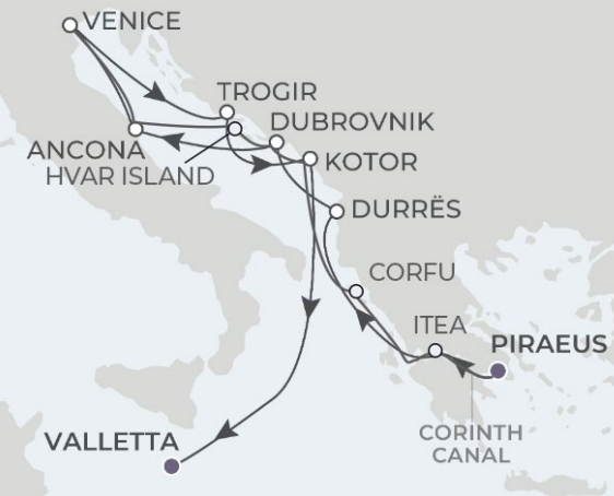 Atlas Ocean Voyages | 19 Nights |  Venice to Valleta | World Traveller |  Jun 05, 2024 Venice to Valleta Map