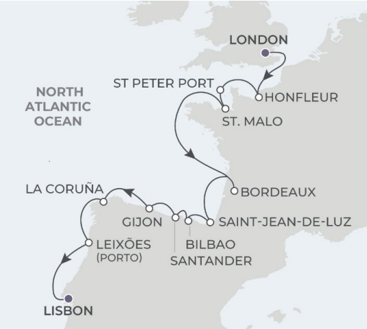 Atlas Ocean Voyages | 17 Nights | London to Lisbon | World Voyager | Oct 02, 2024 London to Lisbon Map