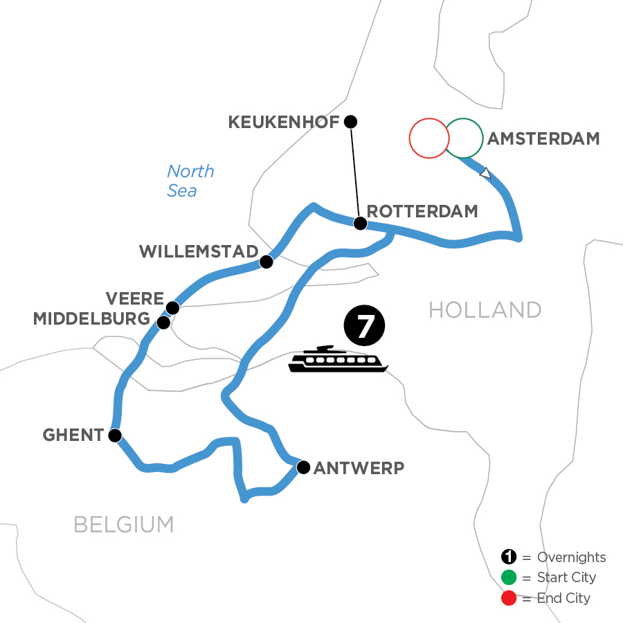 Avalon | 8 Days | Roundtrip Amsterdam | Tulip Time Cruise | WAA Amsterdam to Amsterdam Map