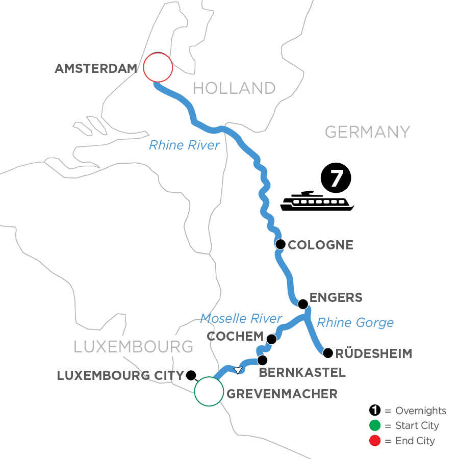 Avalon | 8 Days | Remich to Amsterdam | The Rhine & Moselle: Canals, Vineyards and Castles | WRA Remich to Amsterdam Map