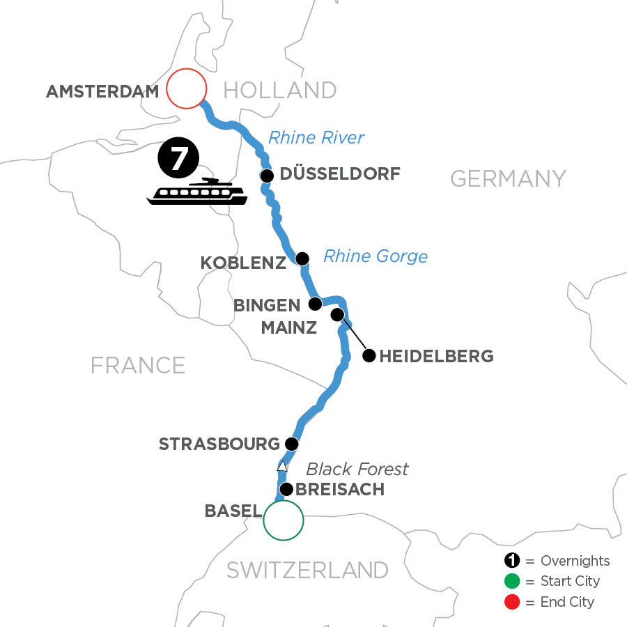 Avalon | 8 Days | Cruise Basel to Amsterdam | Active & Discovery on the Rhine (Northbound) | WWA Cruise Basel to Amsterdam Map